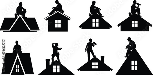 Silhouettes of rooftop workers, roof shapes, construction labor, architectural styles, job site posture, chimney detail, inspection task, safety gear, elevation, tools