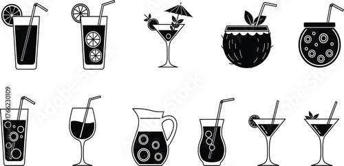 ector drink icons, cocktail silhouettes, juice glasses, black and white beverage set, garnish details, umbrella straw, editable illustration