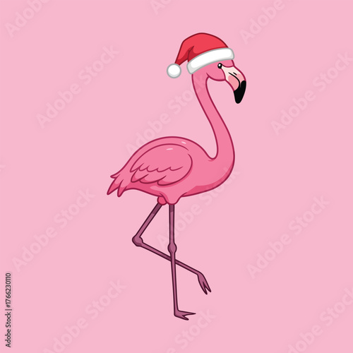 Cartoon Pink Flamingo Wearing Santa Hat Christmas Holiday Mascot