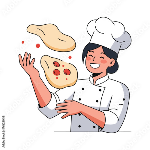 Happy Female Chef Tossing Pizza Dough Line Art Illustration