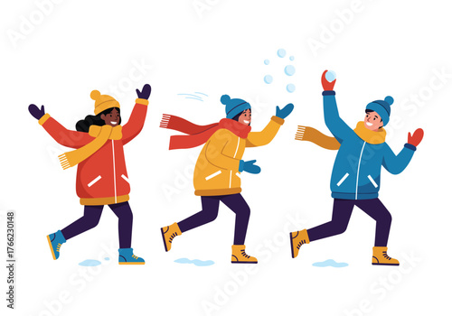 Happy Young People Playing Snowball Fight Winter Activity Vector Art
