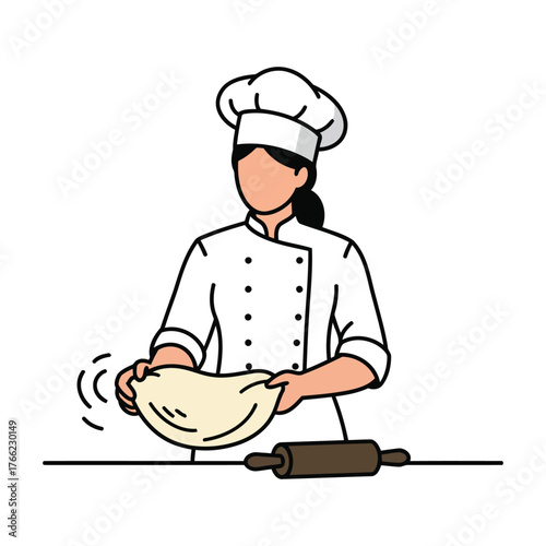 Female Chef Kneading Dough Baking Pastry Minimalist Vector Illustration