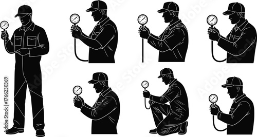 Technician silhouette, pressure gauge inspection, uniform worker, HVAC tools, industrial maintenance, posture variation, mechanical check, safety gear, plumbing, precision monitoring