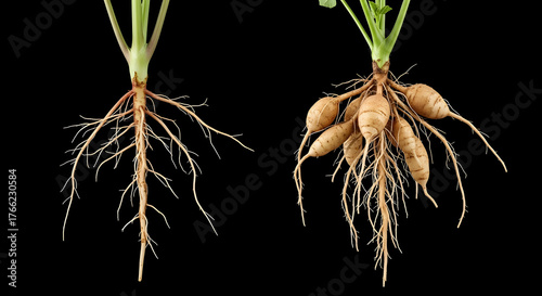 Comparison of two plant root systems, one with long, thin roots and the other with bulbous, tuberous roots.