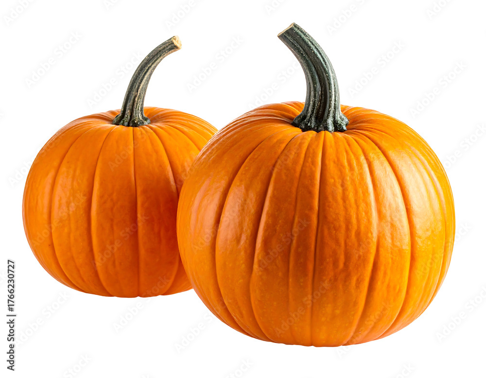 Fototapeta premium Two ripe orange pumpkins with ridged textures and curved green stems sit against a dark, transparent background