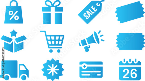 Blue shopping icons including sale tag gift box and calendar