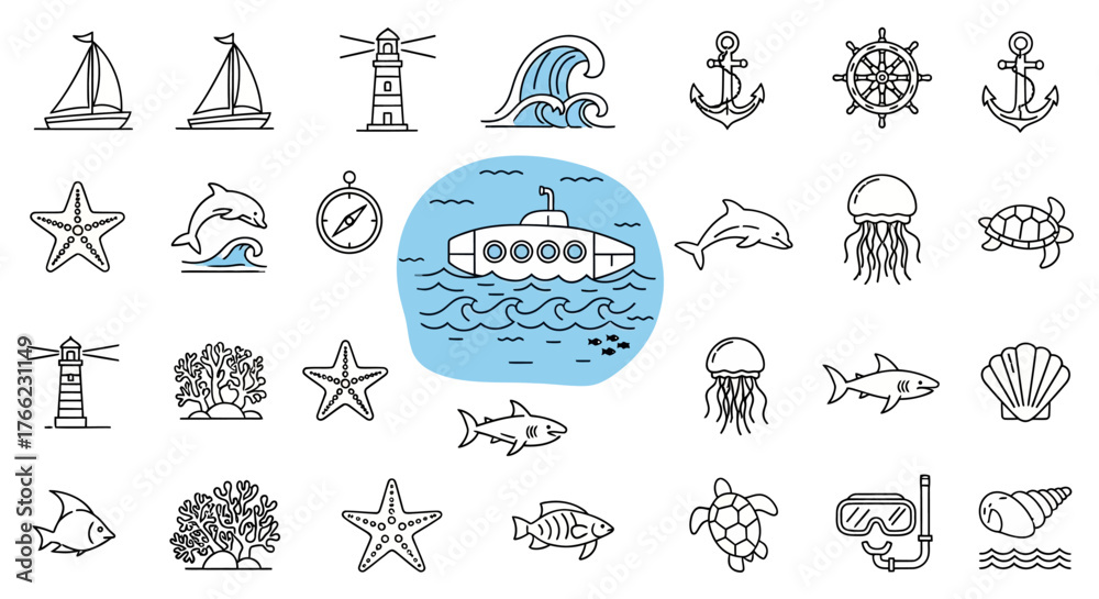 Vintage hand-drawn vector sketch icon set collection for summer travel, holiday, and beach vacation design illustration