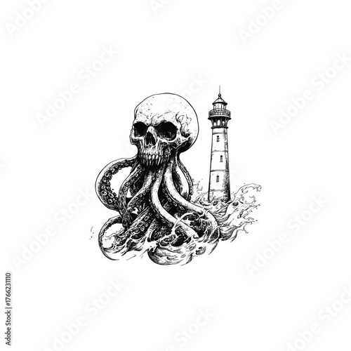 Dramatic hand-drawn illustration in vintage engraving style featuring a skull merged with octopus tentacles rising from turbulent ocean waves, with an old lighthouse in the background