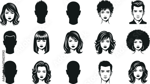 Human head silhouettes, hairstyle variation set, black and white portrait icons, diverse hair designs, character reference, vector illustration pack