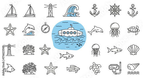 Vintage hand-drawn vector sketch icon set collection for summer travel, holiday, and beach vacation design illustration
