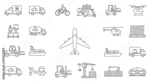 Travel vector illustration icons set of transportation vehicles and famous global landmarks symbols