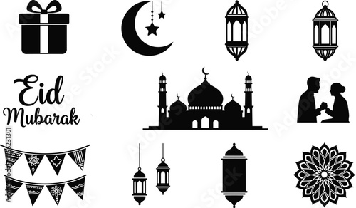 id Mubarak icons, Islamic celebration, silhouette vector, mosque, lantern, crescent moon, gift box, mandala, festive design, holiday, religious symbol, black illustration, white background, greeting