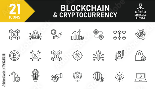 Cryptocurrency line icon set. Set of 21 outline icons related to crypto currency, bitcoin, blockchain technology, NFT, mining, payment, exchange and others. Editable stroke. Vector illustration.