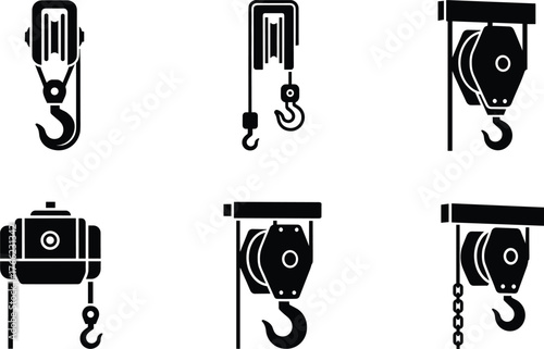 Industrial hoist silhouettes, lifting equipment, pulley systems, chain hoists, mechanical hooks, construction tools, material handling, black icons, engineering devices