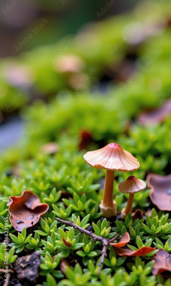 Fototapeta premium Earthy fungi sprout from a verdant carpet of soft moss, a miniature woodland scene, nature, ecosystem