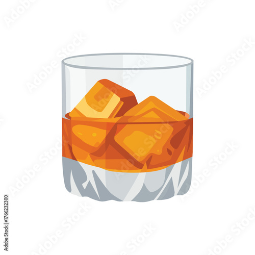 Whiskey glass with ice cubes, yellow colored liquor, isolated on white background