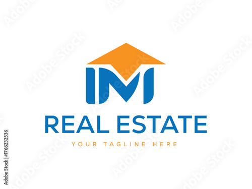 Blue and orange abstract house logo with real estate text home