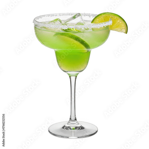 Refreshing green margarita cocktail with lime garnish isolated on transparent background