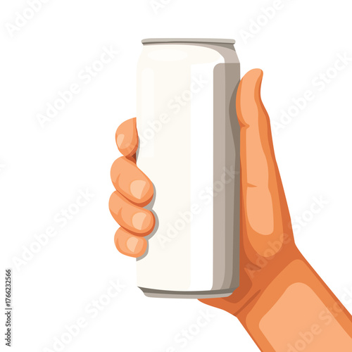 Hand grasping tall white blank can, vertical angle, ready for mockup.