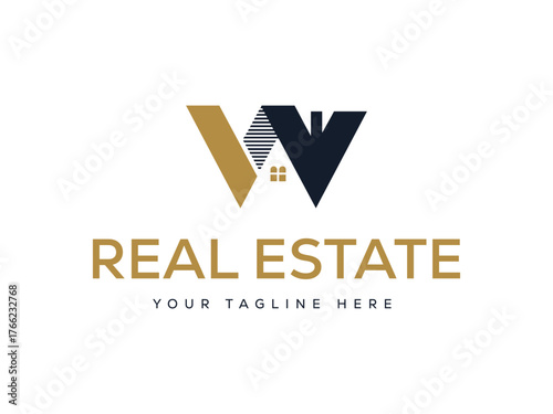 Gold and navy blue W lettermark logo with house icon and real estate text real estate logo W logo