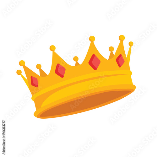 Gold royal crown with red jewels, symbol of power and wealth.