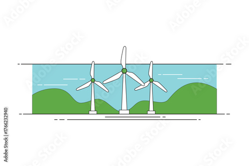 Vector art of wind turbine farm generating renewable energy