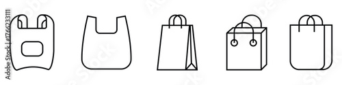 Shopping bag icon set. market pack and Grocery handbag outline icon set. Bag icon set. Thin line vector, Grocery bag icon set. Vector illustration.