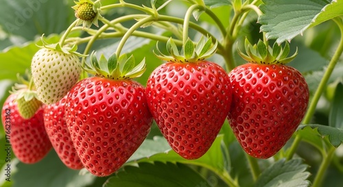 Vibrant Red Strawberries Ripening on the Vine