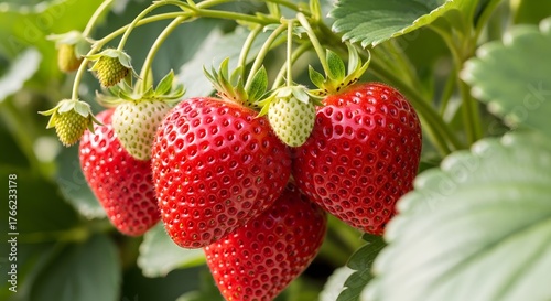 Vibrant Red Strawberries Ripening on the Vine