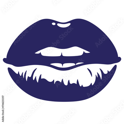 Bold doodle out line illustration of plump lips in deep blue color on white background