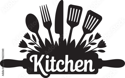 Kitchen utensils and rolling pin with floral accents in a decorative black silhouette design element