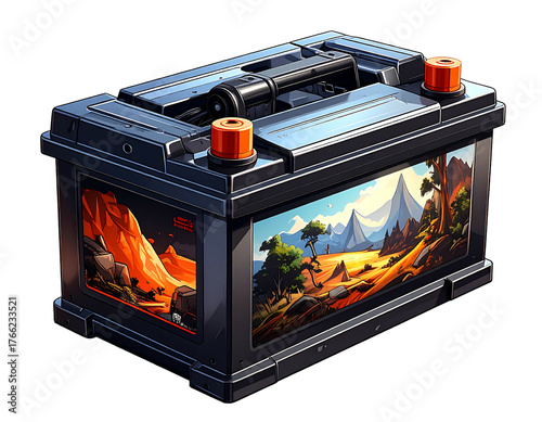 Rectangular object displays desert landscapes under bright sky, black frame, and orange terminal caps on black background