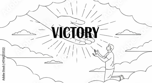 Man receives divine victory from above, kneeling humbly in grateful prayerful thanks