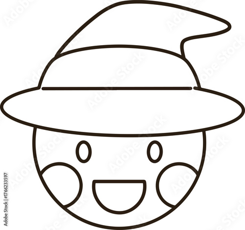 Black line icon of cartoon witch hat face with smile