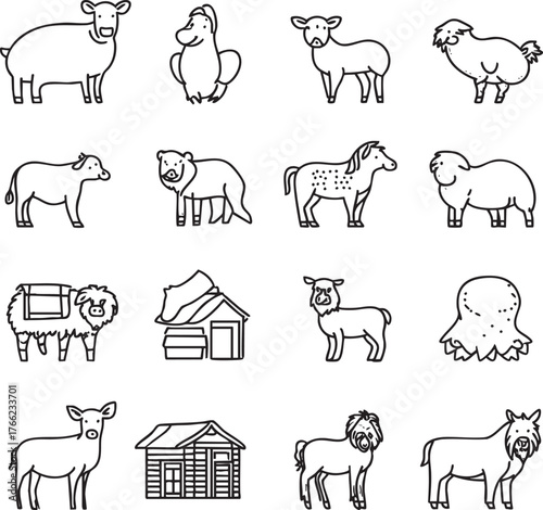 A collection of sixteen farm animals and farm buildings in a black and white line art style