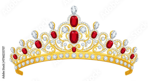 Exquisite golden tiara adorned with precious ruby and diamond gemstones, a symbol of regal elegance and luxury