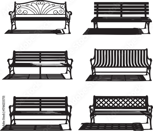 A collection of six different park benches with varying designs and shadow patterns on a white background