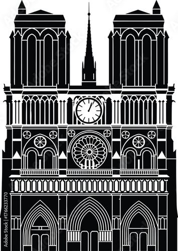 Notre-Dame Cathedral silhouette, Paris landmark illustration, Gothic architecture vector, historic building facade, black and white design, famous tourist attraction