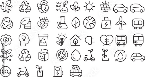 “Green Technology and Recycling Line Icons Set – Eco Energy, Sustainability, Renewable Resources Vector Design”