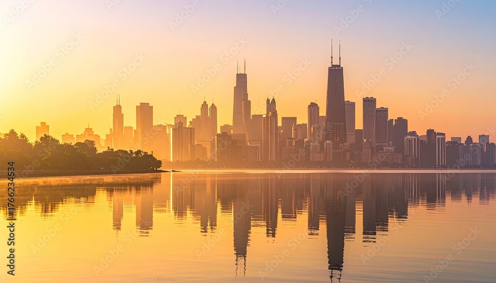 Fototapeta premium Chicago Skyline During Golden Hour Sunrise Reflection Over Lake Michigan With Trees And Mist