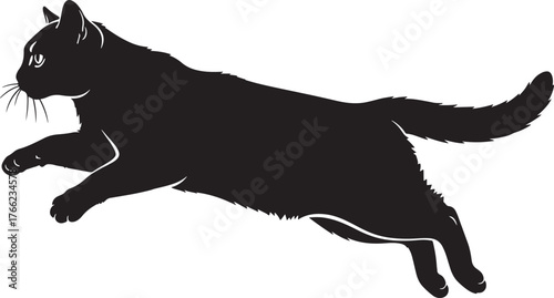 Dynamic black cat silhouette captured mid-leap demonstrating graceful agility and playful movement