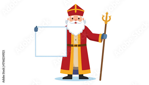 Saint Nicholas holds a blank scroll and staff, wearing a red and gold outfit