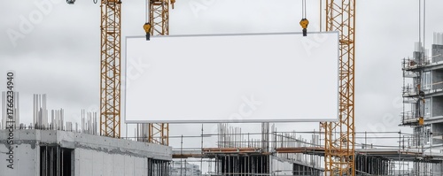 Construction site with cranes lifting a blank billboard against a cloudy sky.