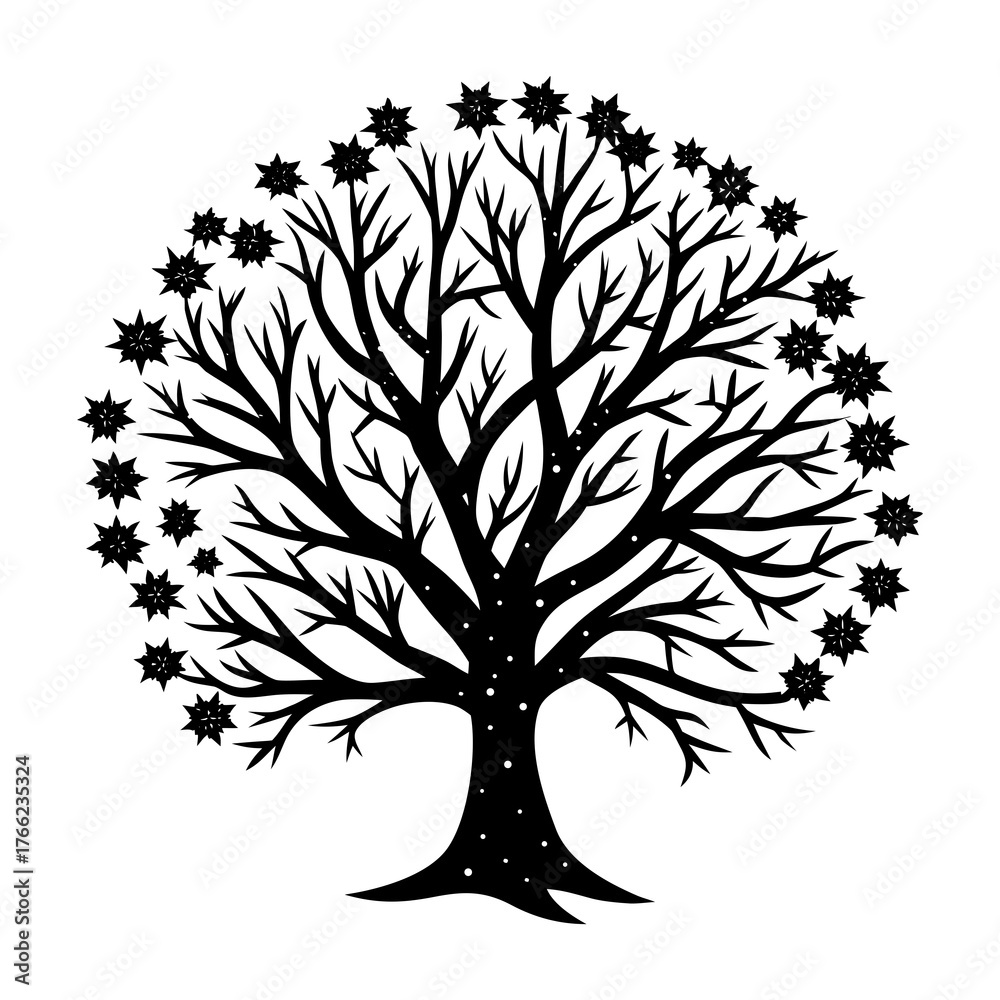 Obraz premium Minimalist scalable vector illustration of a snow covered maple tree with star shaped snowflakes