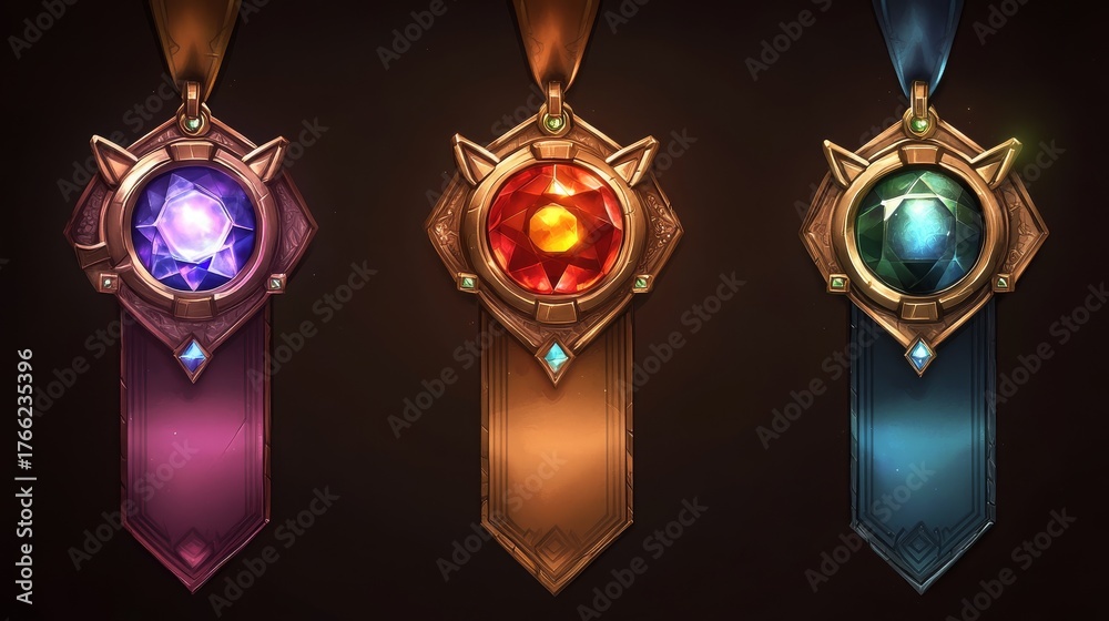 Fototapeta premium 77.A highly detailed 3D vector illustration of ranking medals, each featuring a polished gemstone centerpiece, dynamic lighting effects, and elegant fantasy-style elements, ideal for game rewards.