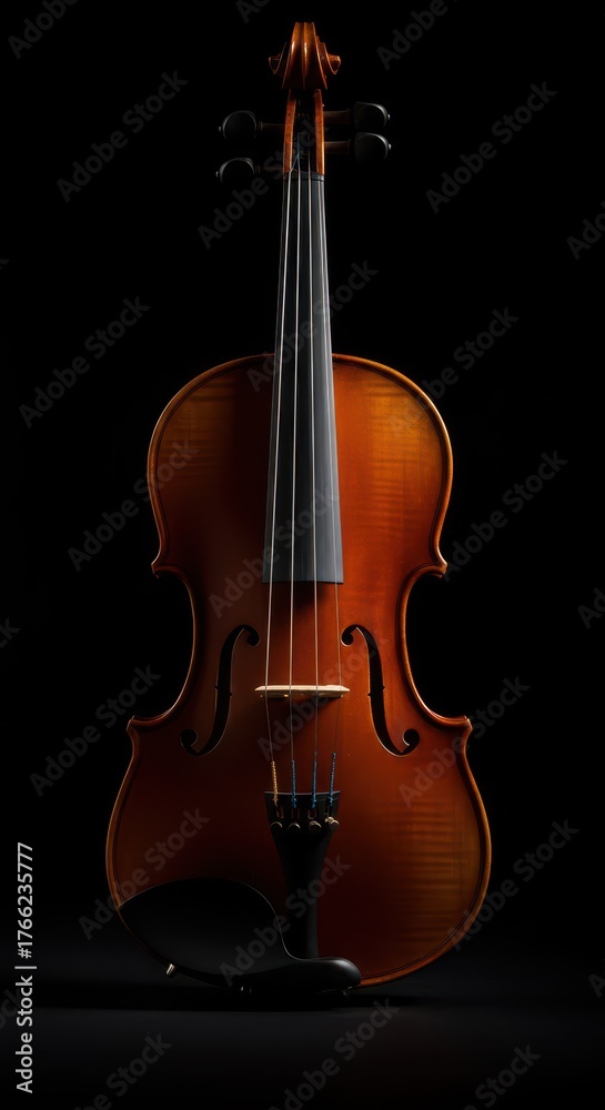 Fototapeta premium A beautiful wooden violin rests gracefully on a black background, highlighting its polished surface and classic curves in dramatic light ,artistic ,polished ,musical