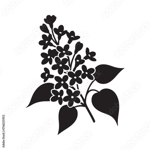 Black and white silhouette of a blooming lilac flower branch with leaves