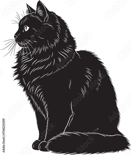 Elegant black cat silhouette sitting profile view with detailed fur texture and whiskers looking sideways