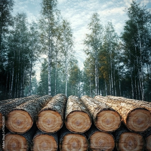Solid Wood Furniture and Stack of Freshly Cut Trees – Deforestation Concept