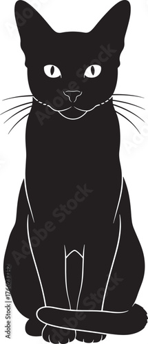 Sleek black cat silhouette sitting elegantly featuring bright white eyes and detailed whisker lines for a classic feline portrayal